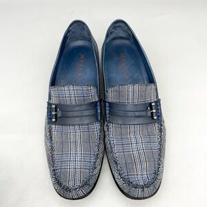 Mezlan Mens 10.5M Loafers Blue Plaid Linen Leather Slip on Dress Shoes